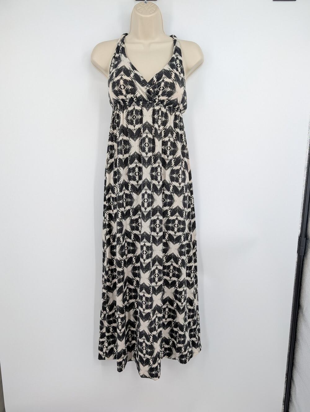 Mudd Y2K Babydoll Halter Maxi Aztec Dress Sm Black White Coastal Cruise Resort